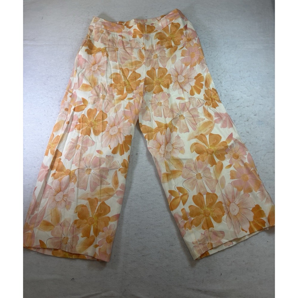 Charlie B Cropped Linen Blend Pants Size 10 Org/Pink Floral Pull On